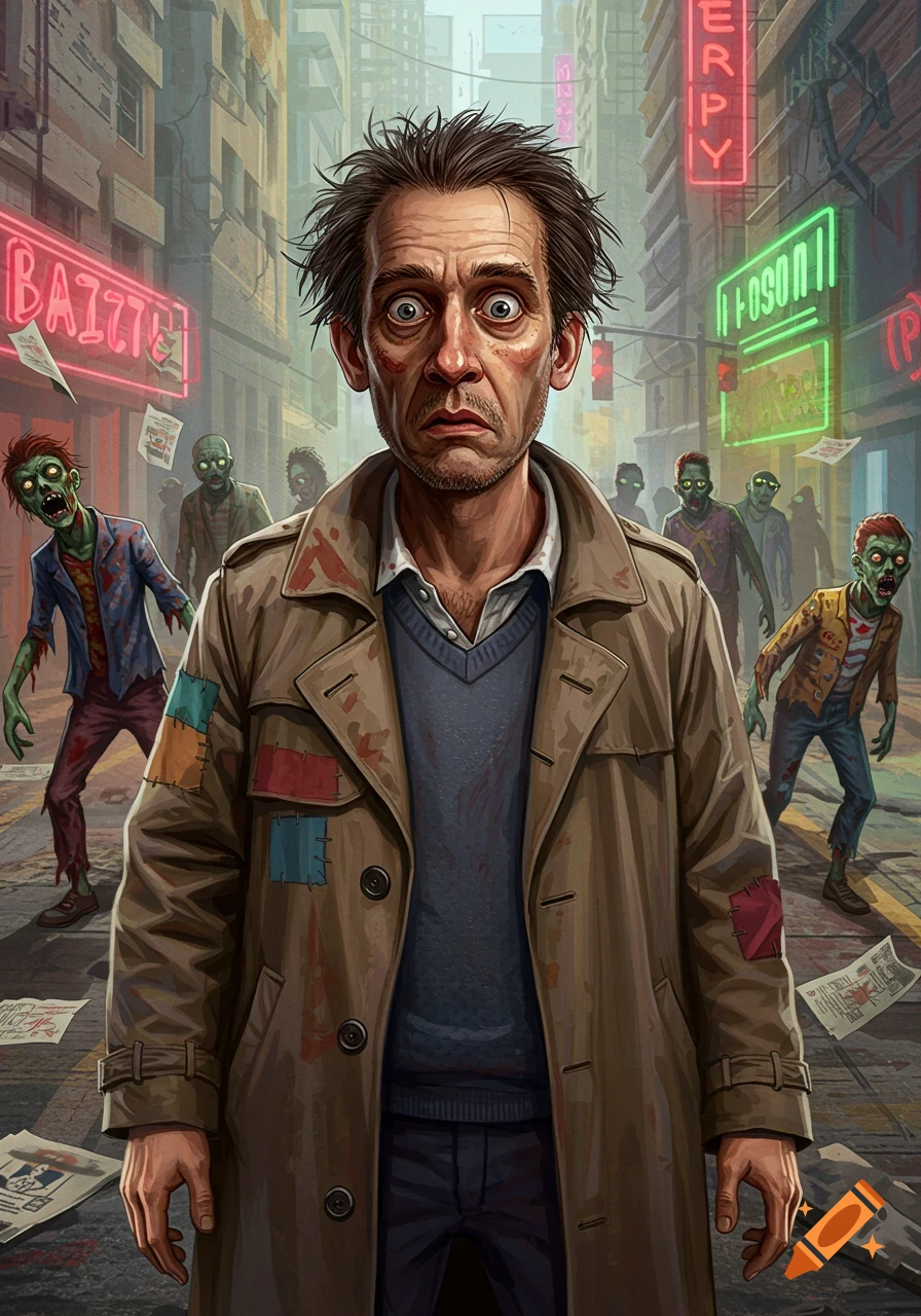 A scared, bedraggled man with wide eyes stands on a city street, surrounded by stylized zombies in a comic art style.