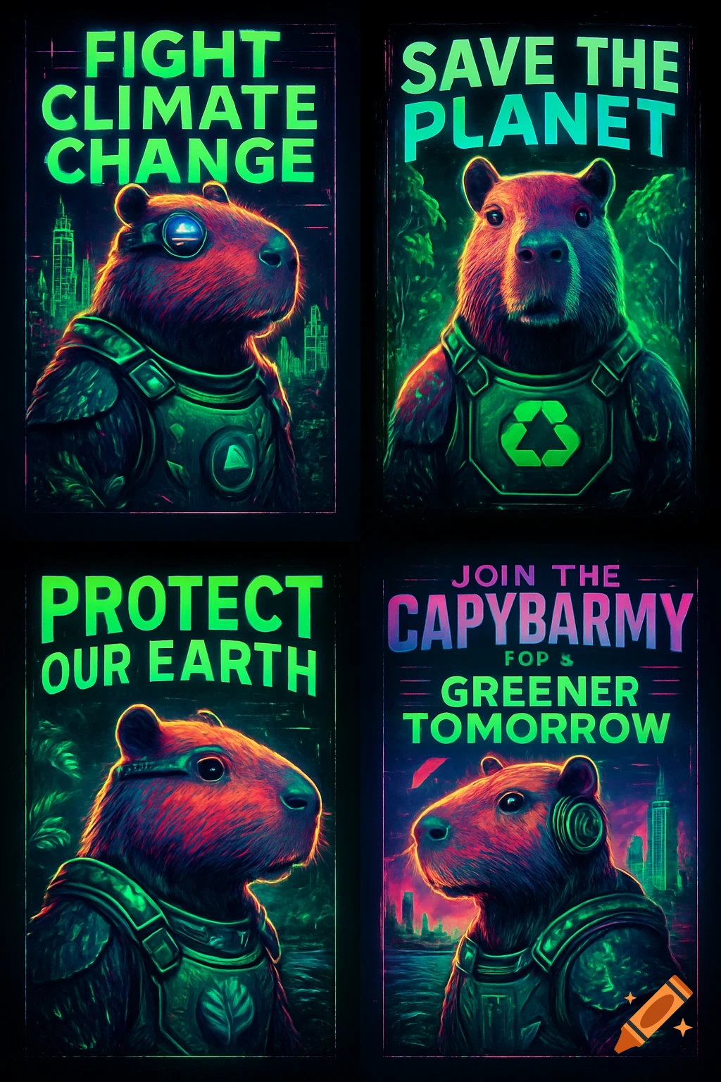 Four neon-style posters depicting armored capybaras with environmental slogans like 'Fight Climate Change' and 'Save the Planet' against futuristic cityscapes.