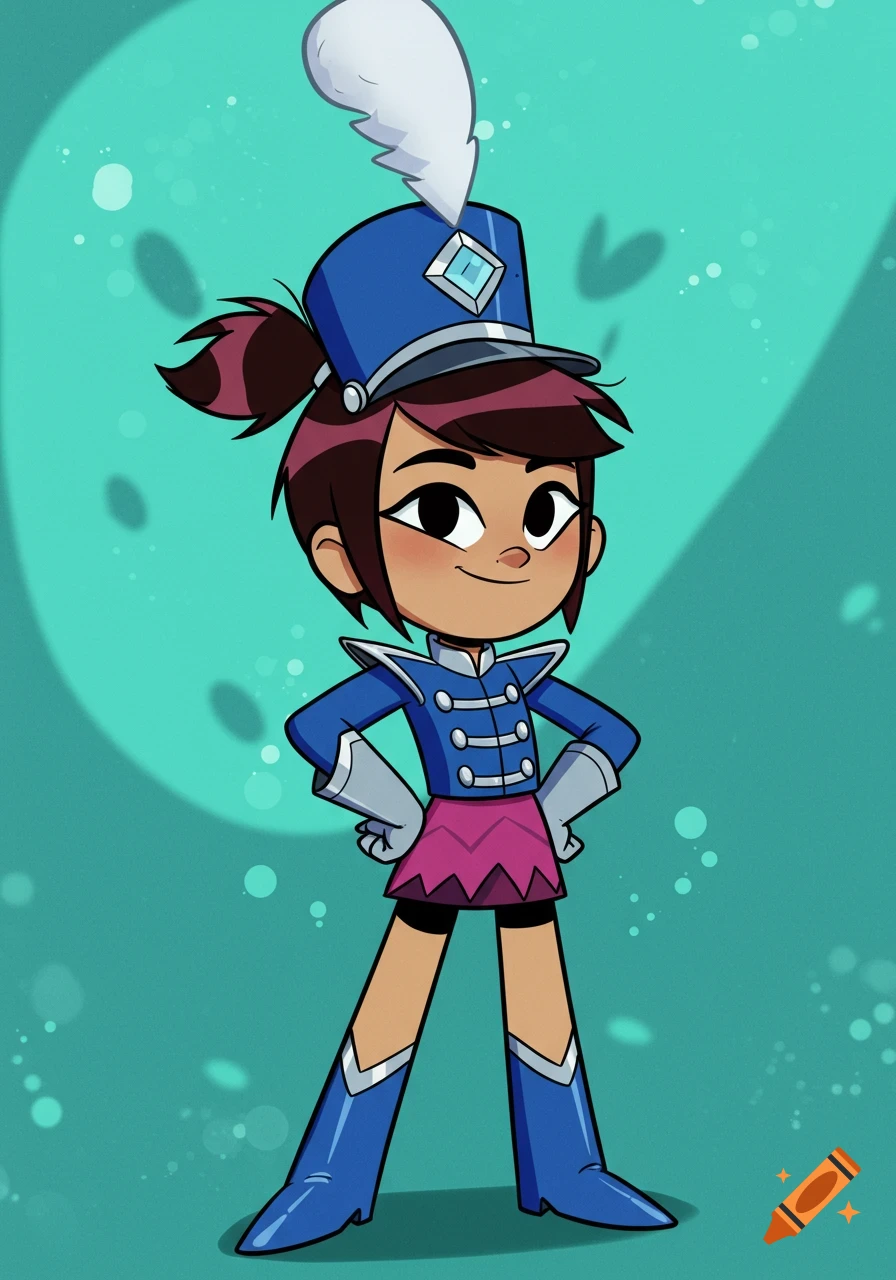 A cartoon portrait of Molly McGee wearing a blue marching band uniform with a shako and white plume, hands on hips, against a teal background.