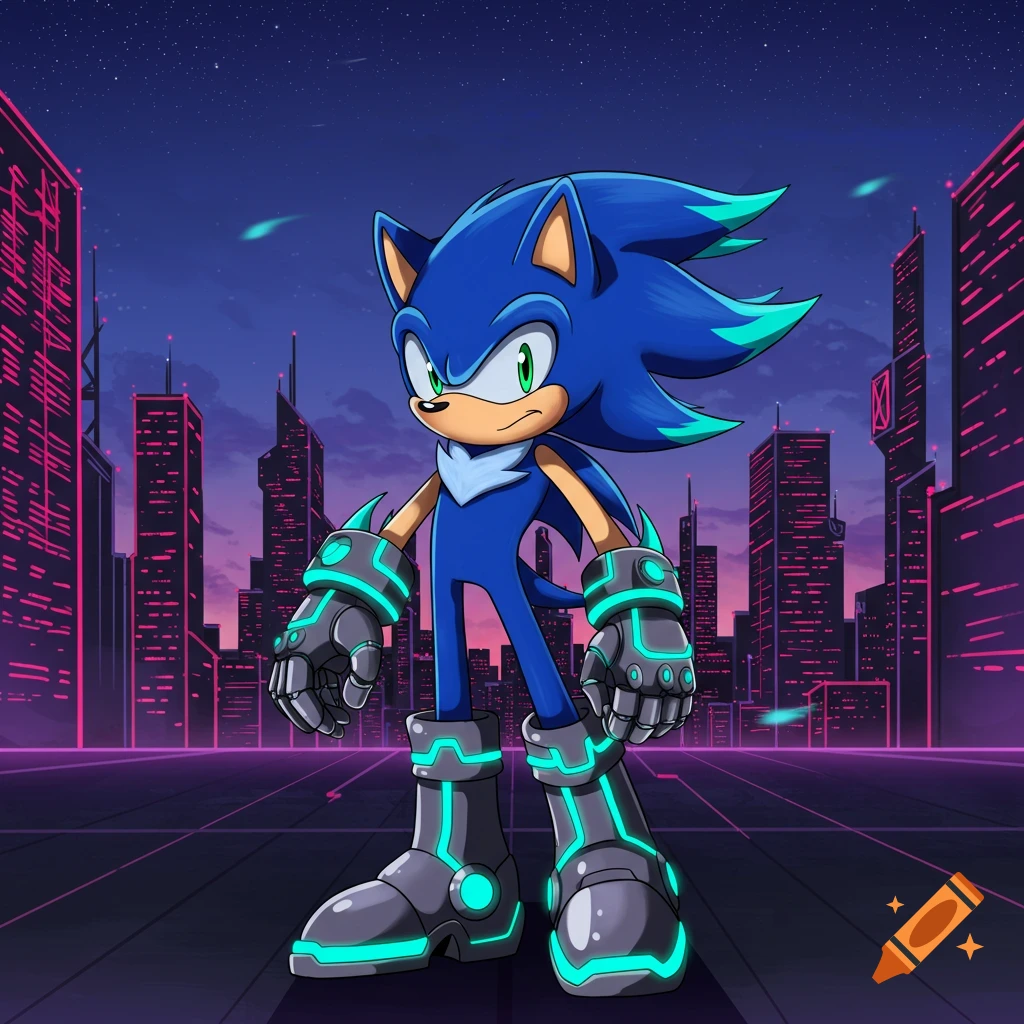 A blue hedgehog character with cybernetic gear stands in a neon-lit futuristic city at night, in an anime style.