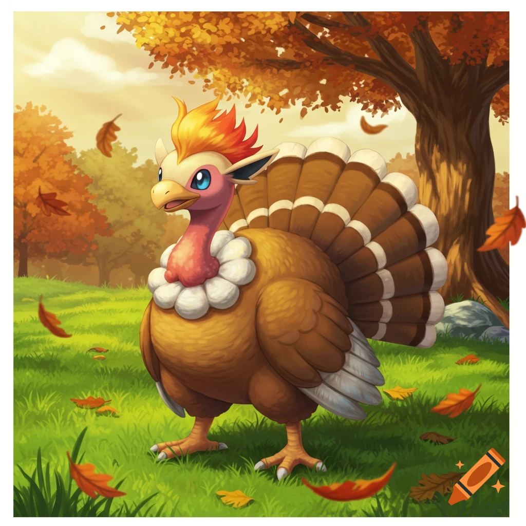 A vibrant, illustrated turkey-like Pokémon creature with a fiery crest stands in a colorful autumn forest with falling leaves.