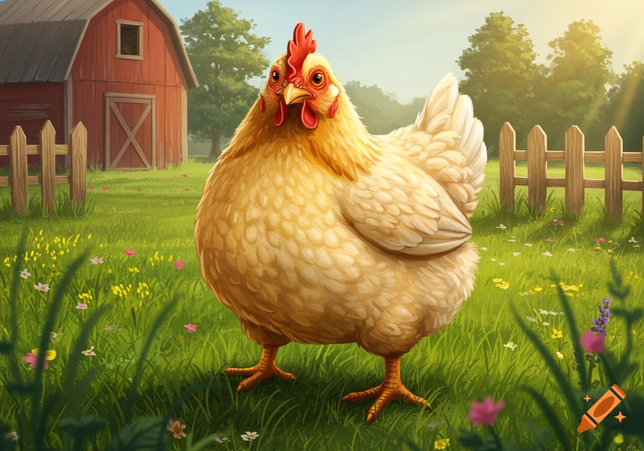 An illustrated chicken with yellow feathers and a red comb stands in a green field with a red barn in the background, under a bright sky.