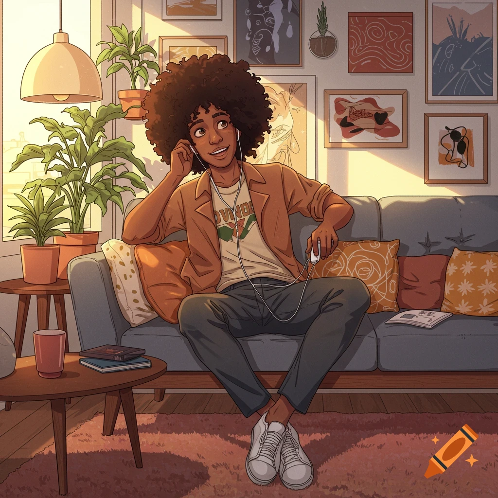 An illustrated young person with afro hair listens to music on a cozy couch surrounded by plants and framed art.