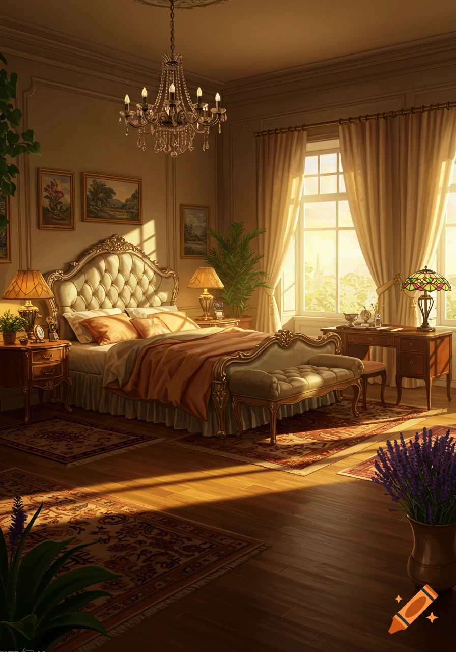 A luxurious, elegant bedroom with a large ornate bed, a chandelier, and a desk bathed in golden sunlight filtering through a window.