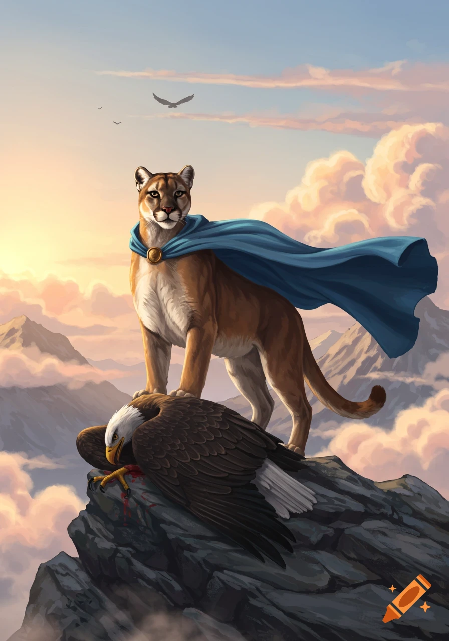 An illustrative cougar in a blue cape stands triumphantly over a defeated eagle on a mountain peak at sunset.