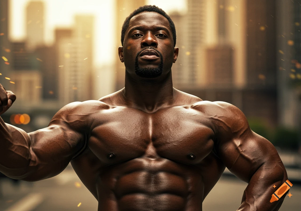 Muscular African American bodybuilder posing shirtless in a city setting, looking directly at the viewer.