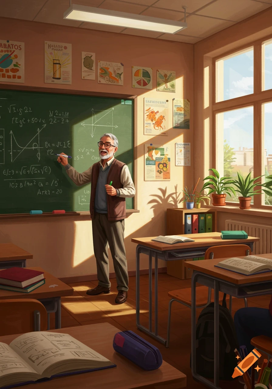 A stylized illustration of an old male teacher with a beard and glasses, pointing at a blackboard filled with math in a sunlit classroom.