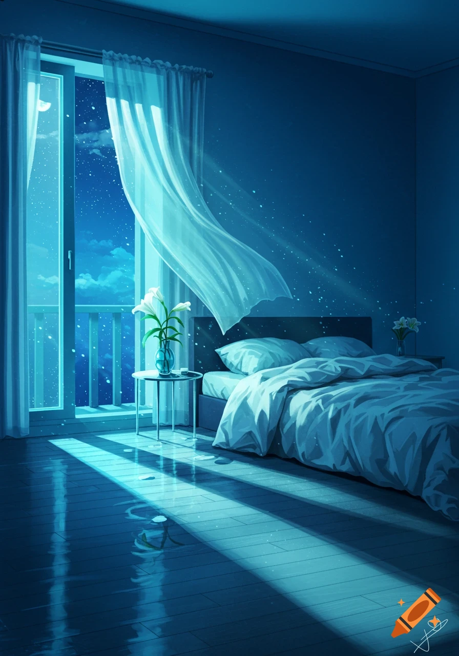 An anime-style blue bedroom with an open window revealing a starry night sky and crescent moon, light curtains billowing over a bed, a nightstand, and a vase with lilies. Moonlight illuminates the wooden floor.