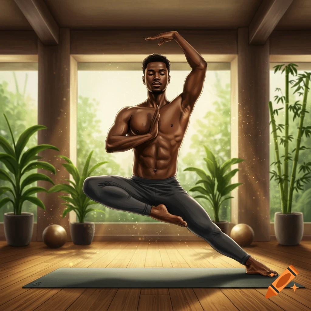 A fit Black man in yoga pants performs a balancing yoga pose in a bright, plant-filled studio, digital illustration.