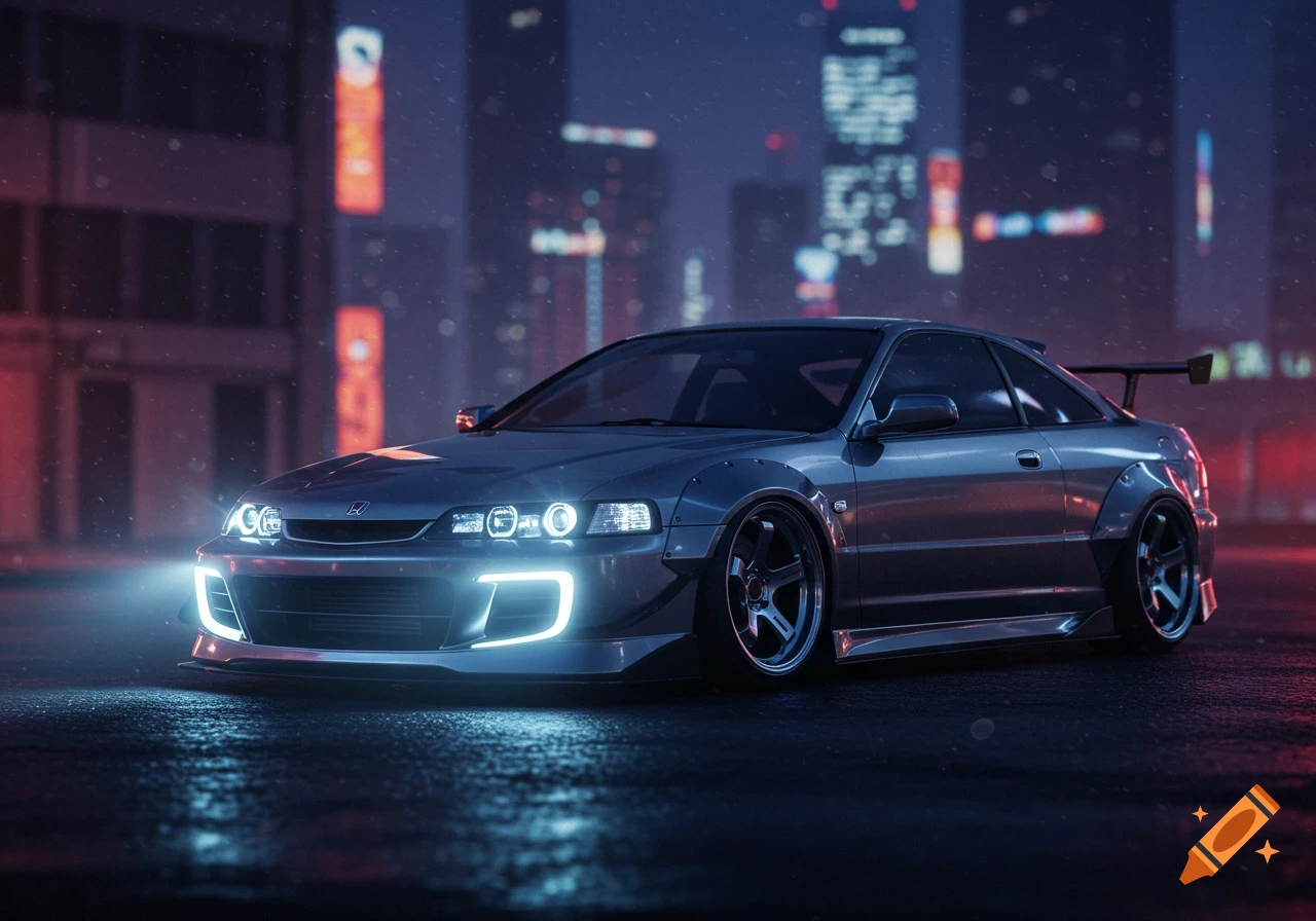 Custom gray Honda Integra car with glowing headlights on a wet street at night, blurred city in background.