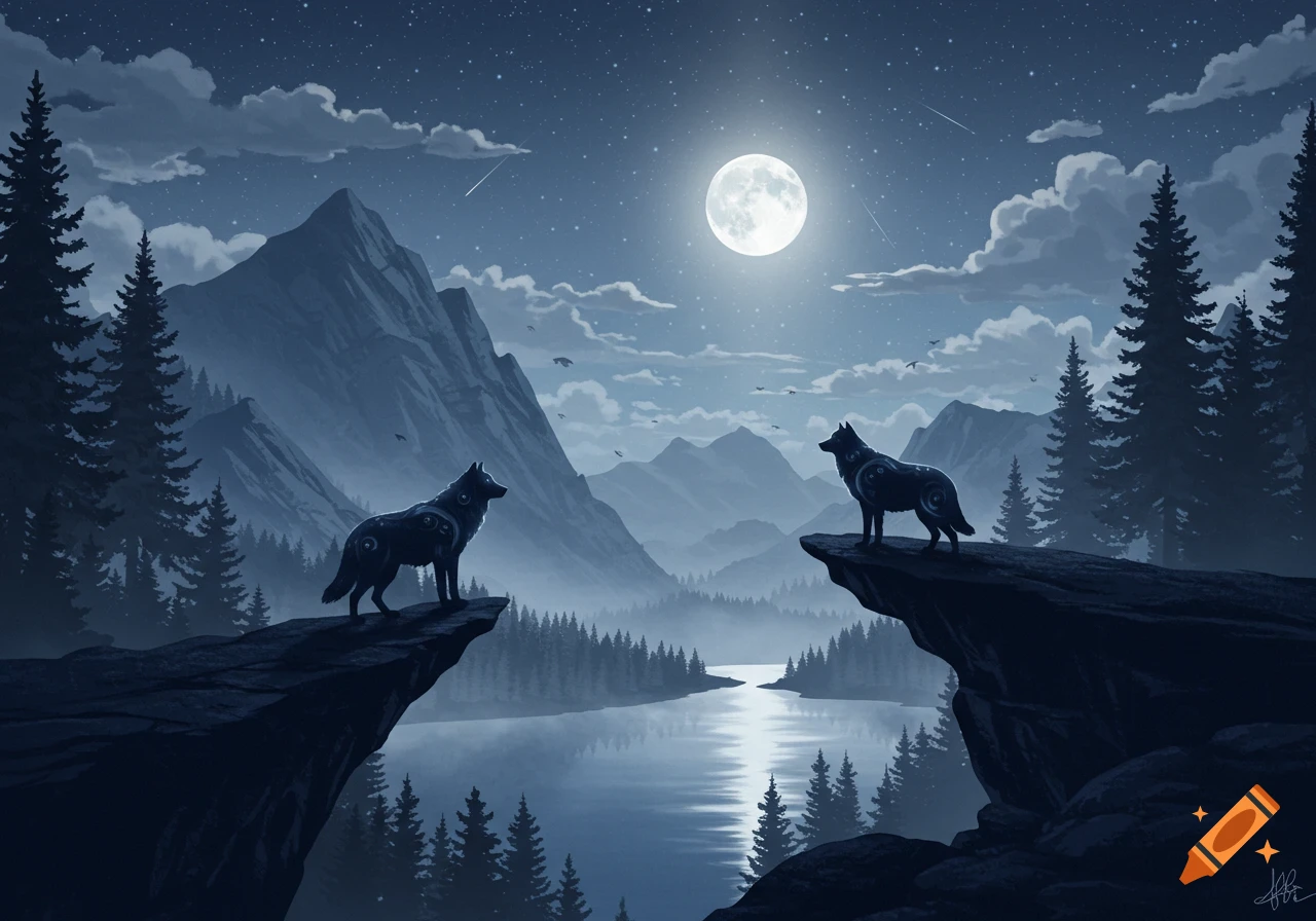 Two stylized wolves on mountain cliffs face each other under a full moon in a mystical, starlit night landscape with a lake and pine forests.