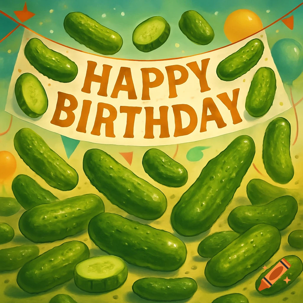 An illustration of numerous pickles surrounding a 'HAPPY BIRTHDAY' banner, with balloons and confetti.