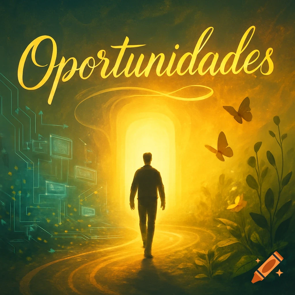 A person walks toward a bright light on a path. 'Oportunidades' in script, with tech elements on left and nature on right.
