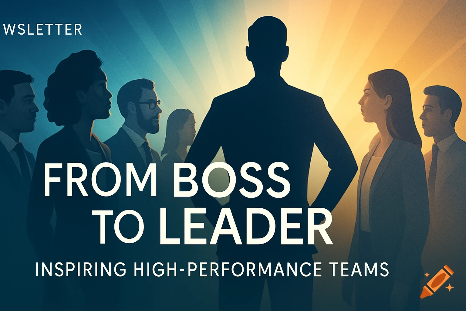 Silhouettes of diverse business professionals and a central leader against a gradient background. Text: 'From Boss to Leader: Inspiring High-Performance Teams'.