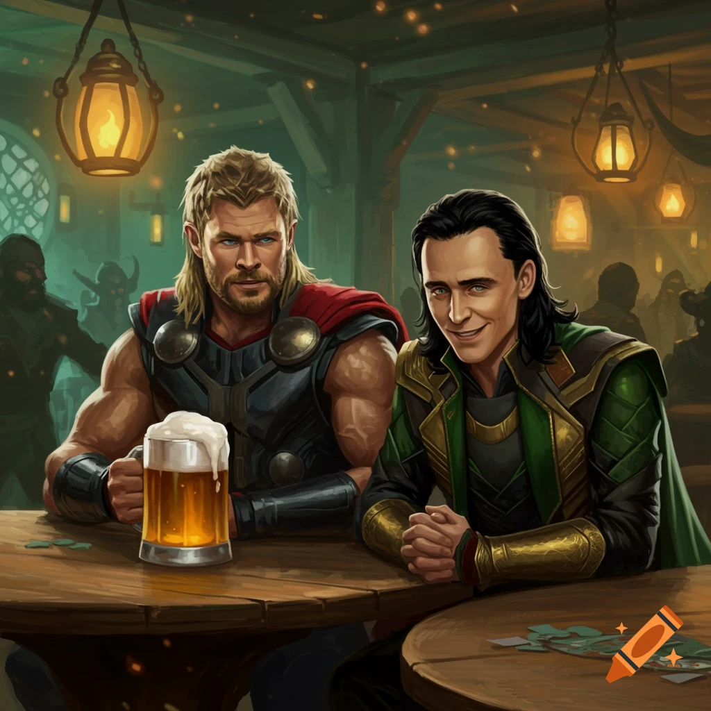 Thor holding a beer mug and Loki smiling in a dimly lit tavern, in a stylized digital art.