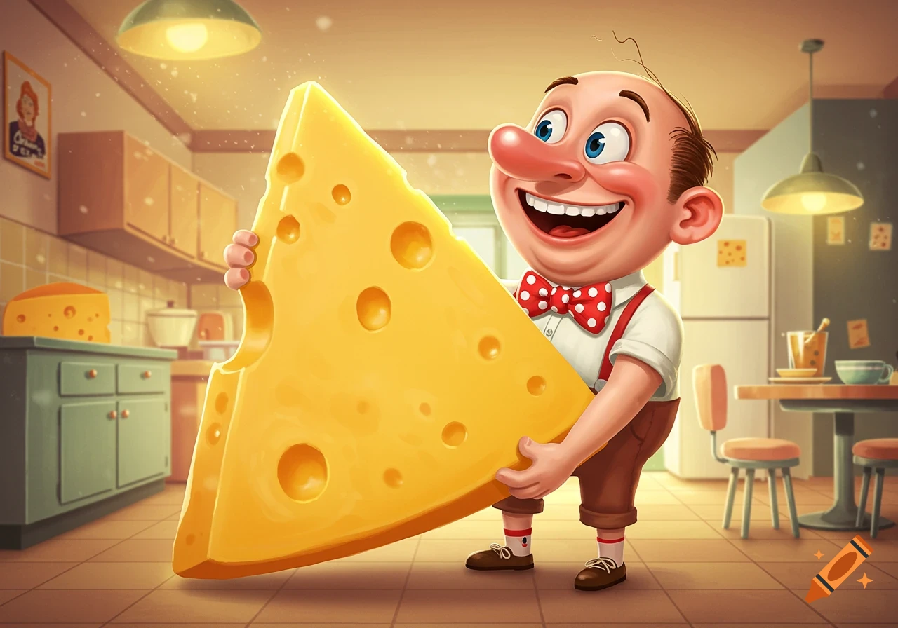 A happy bald cartoon man with a red bow tie smiles while holding a giant slice of Swiss cheese in a brightly lit kitchen.