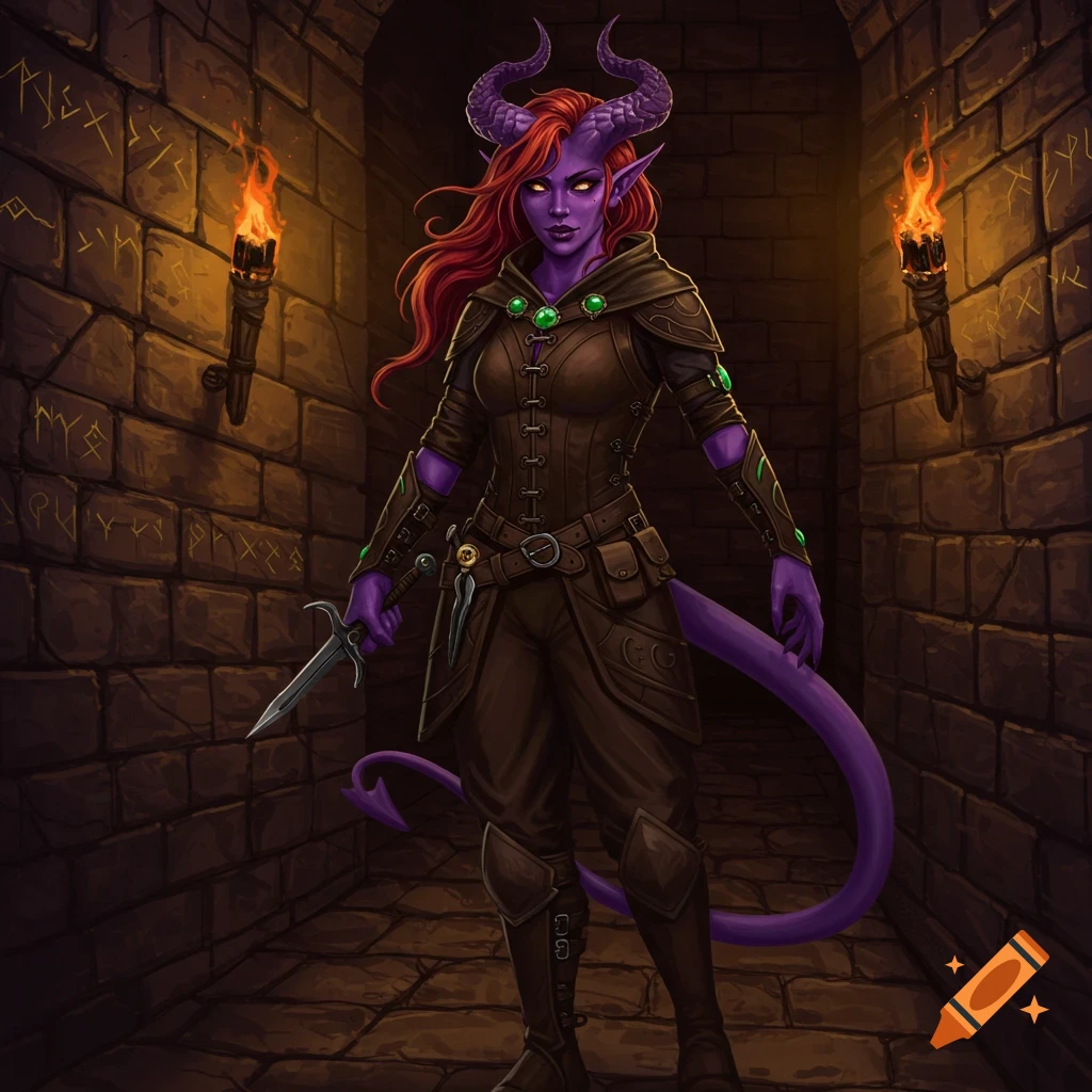 A purple-skinned tiefling rogue with red hair, horns, and a tail, holding a dagger in a dimly lit stone dungeon.