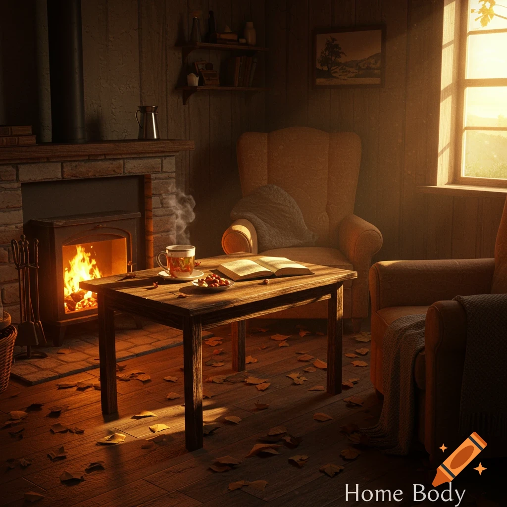 A cozy room with a lit fireplace, an open book and tea on a wooden table, armchairs, and autumn leaves on the floor, bathed in warm light from a window.