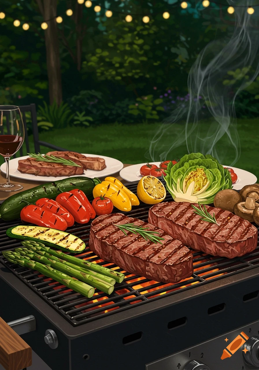 An illustration of steaks, vegetables, and asparagus cooking on a grill at a backyard barbecue with string lights.