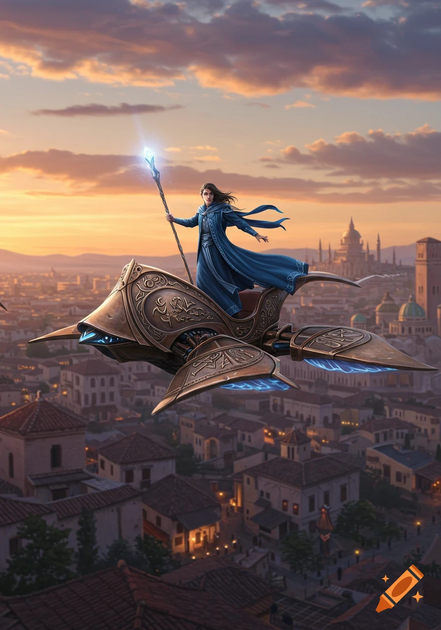 A mage in a blue robe flies an ornate, bronze chariot above a sprawling city at sunset, holding a glowing staff.