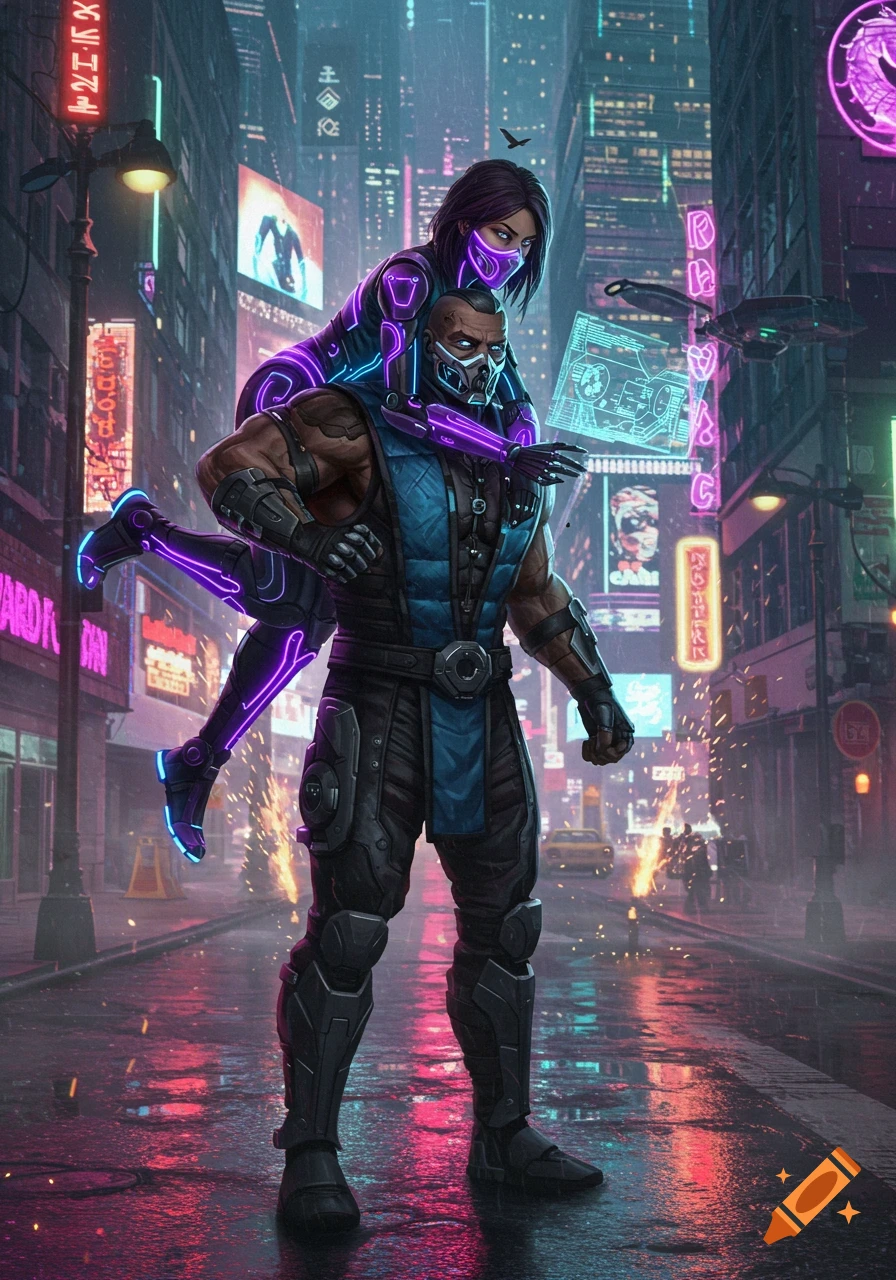 A stylized image of two masked figures in a rainy, neon-lit cyberpunk city street. One large, muscular figure carries a smaller, agile figure.