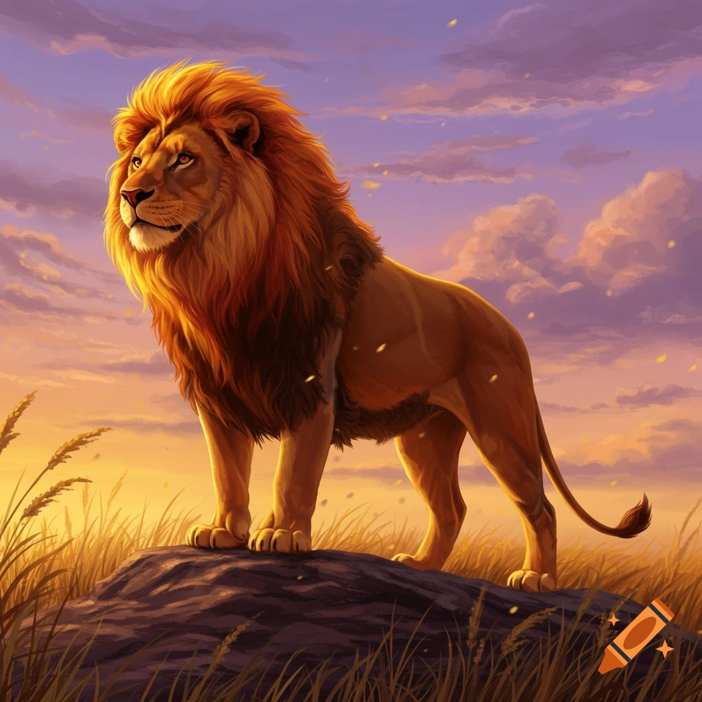 A majestic lion with a fiery mane stands on a rock against a vibrant orange and purple sunset sky in a stylized digital painting.