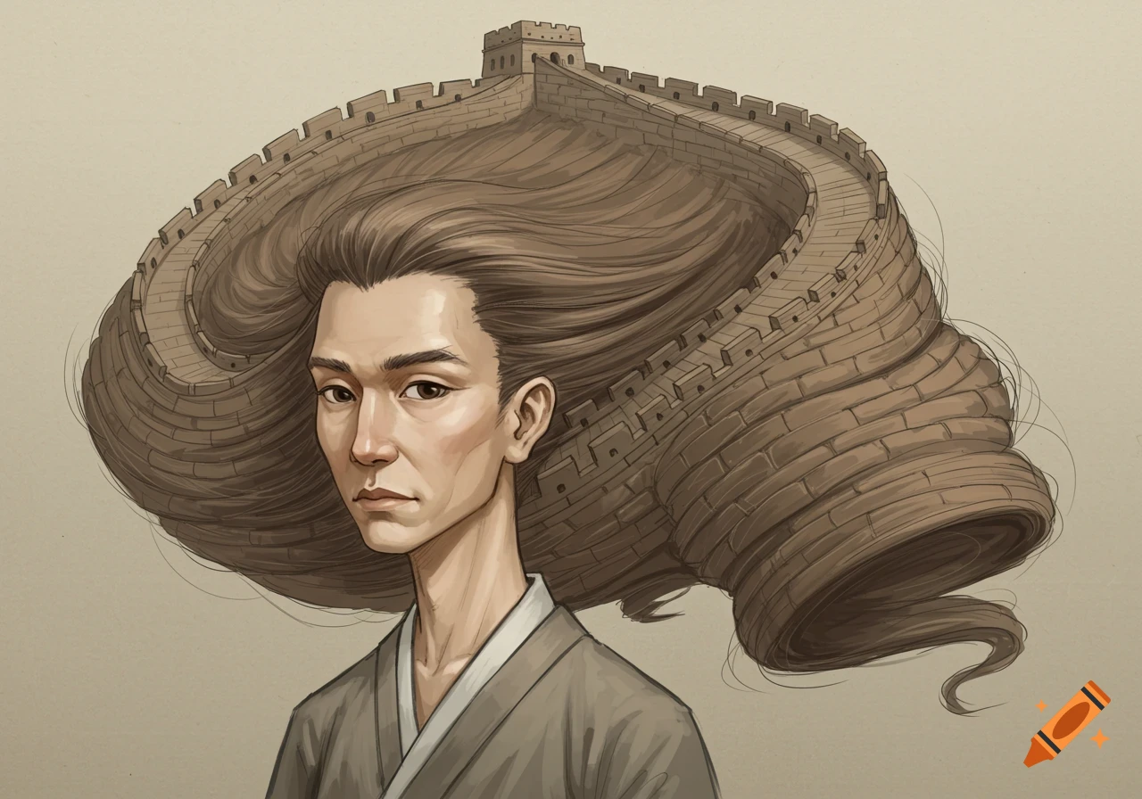 A stylized illustration of a person with dark hair shaped like the Great Wall of China, against a plain background.