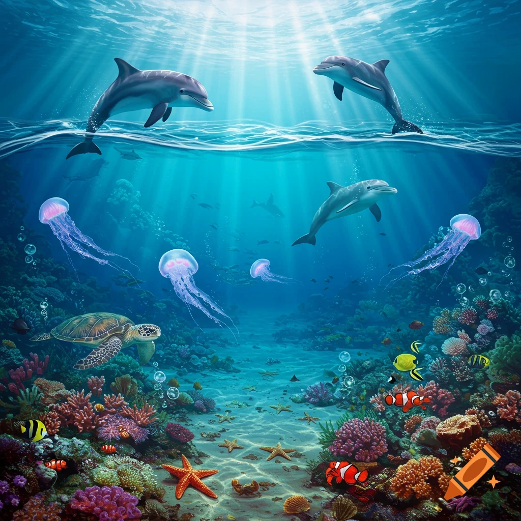Dolphins, jellyfish, a sea turtle, and various fish swim among vibrant coral reefs in a sunlit underwater scene.