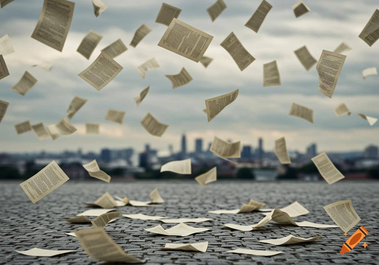Photorealistic image of many papers falling and scattered on a cobblestone ground with a blurry city skyline in the background.