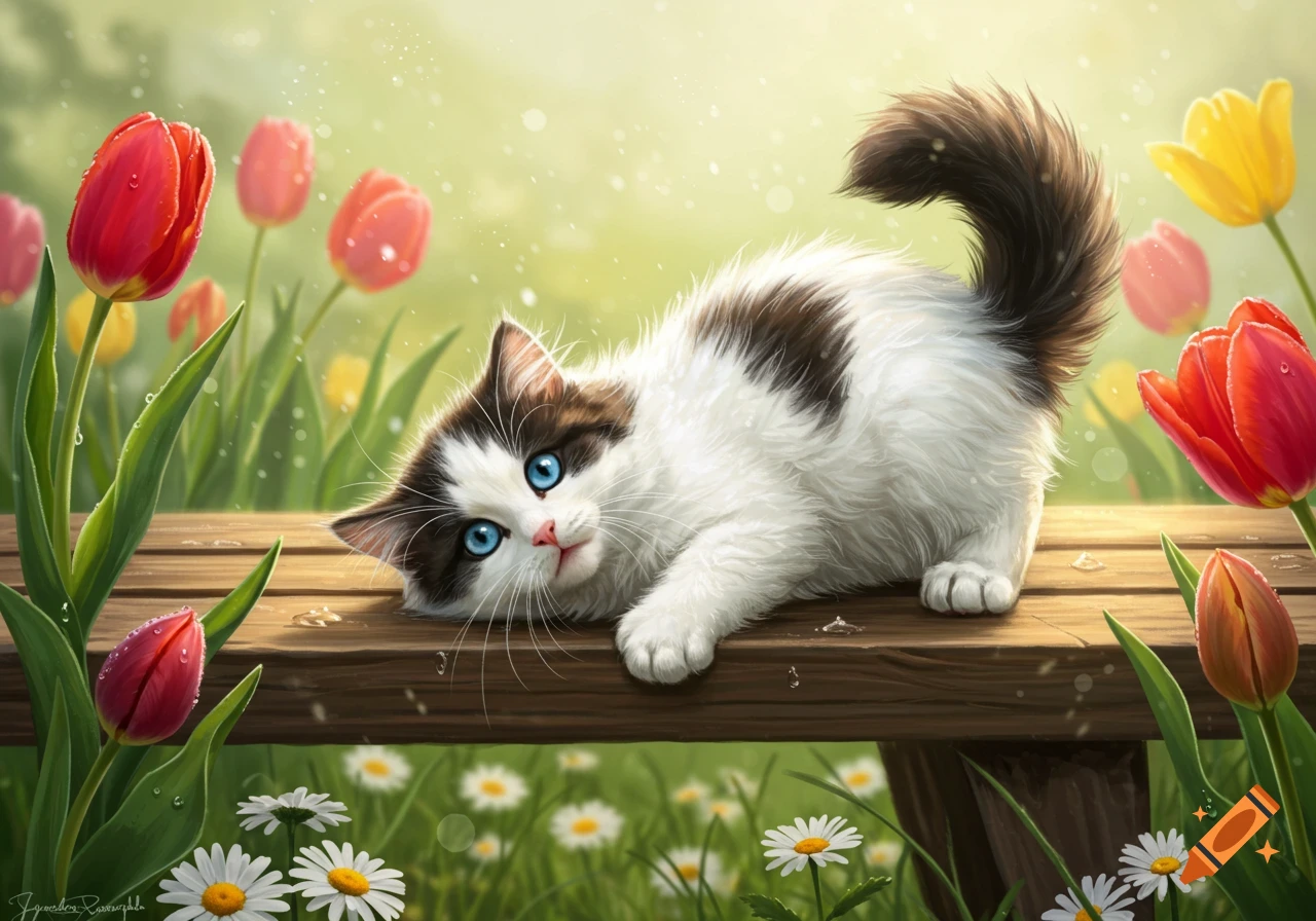 Fluffy white and black kitten with blue eyes lying on a wooden bench amidst red and yellow tulips and daisies in a sunny garden.