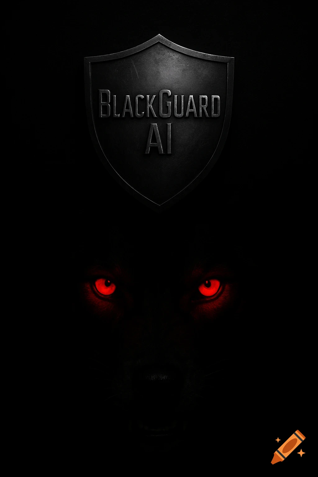 A dark shield with 'BlackGuard AI' text above glowing red wolf eyes peering from the darkness.