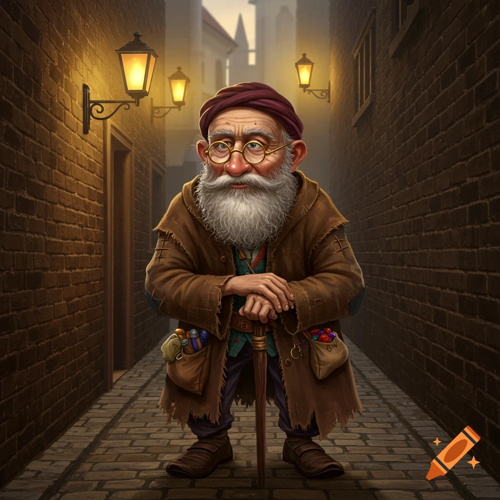 An old man with a long white beard, glasses, and a turban stands in a dark alley illuminated by lanterns.
