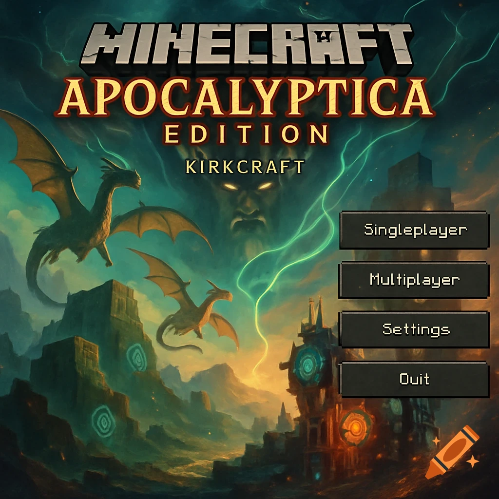 Fantasy-themed Minecraft game menu with flying dragons, ancient structures, a god face in the sky, and menu options.