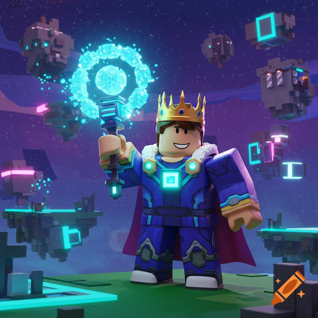 Roblox king character in a blue suit and gold crown holds a glowing staff in a magical, blocky world with floating islands.