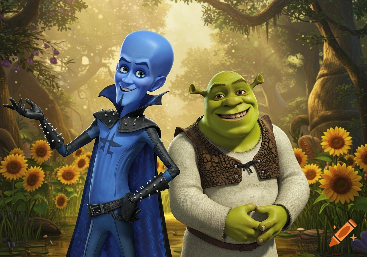 CGI animation of Megamind and Shrek smiling in a sunlit fantasy forest with sunflowers.