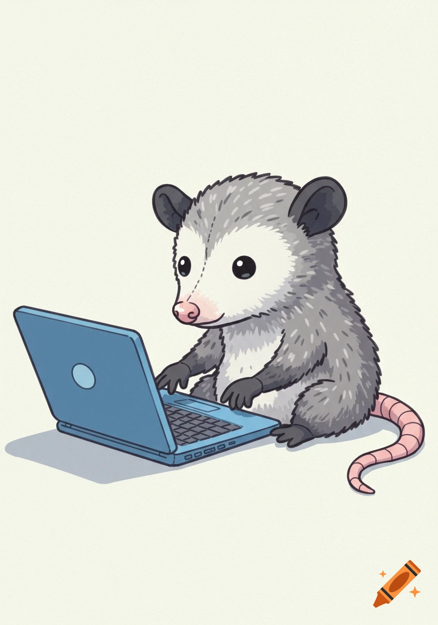 A cute gray and white cartoon opossum sits upright, focused on typing on a blue laptop with its paws. It has a pink snout and tail.