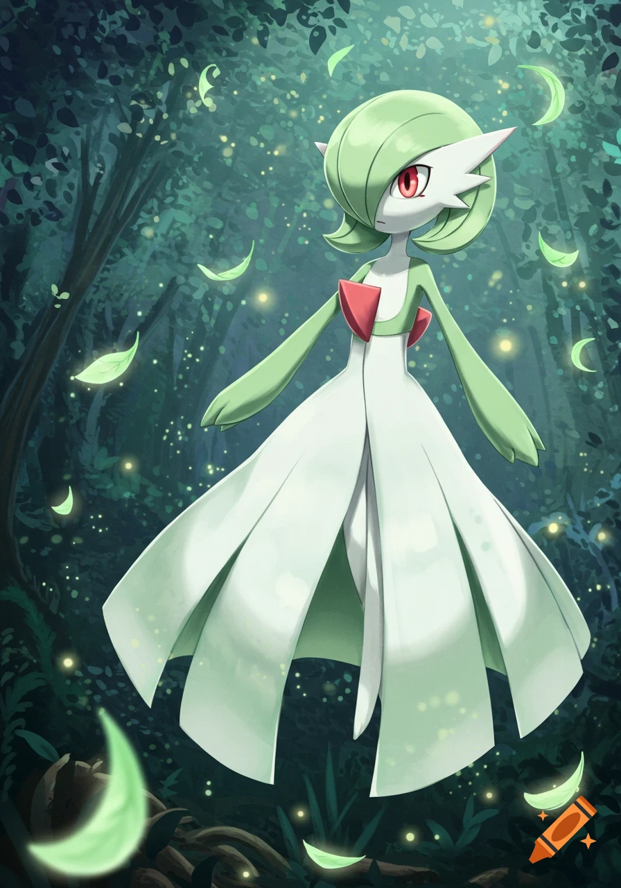 An anime illustration of the Pokemon Gardevoir standing in a magical, dark forest with glowing leaves and particles.