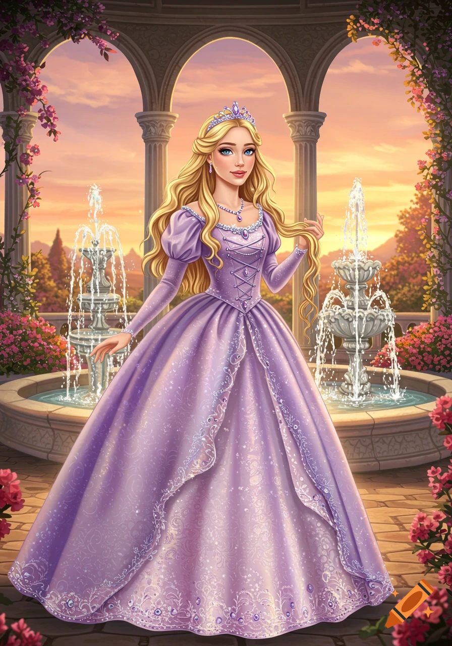 An illustration of a blonde princess in a flowing purple gown standing in a beautiful garden with fountains and arches at sunset.