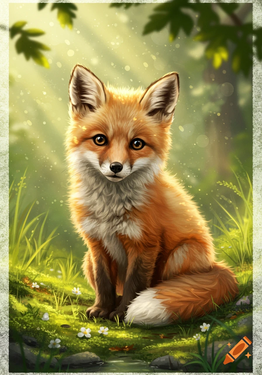 A cute, fluffy red fox with big eyes sits in a sun-dappled forest with green grass and white flowers, in an illustrative style.