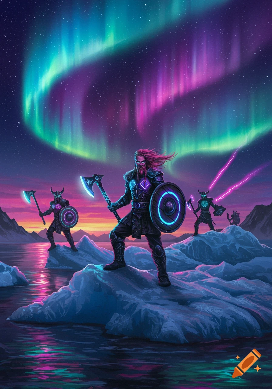 Stylized sci-fi Vikings with glowing axes and shields stand on ice floes under a vibrant neon aurora borealis sky.