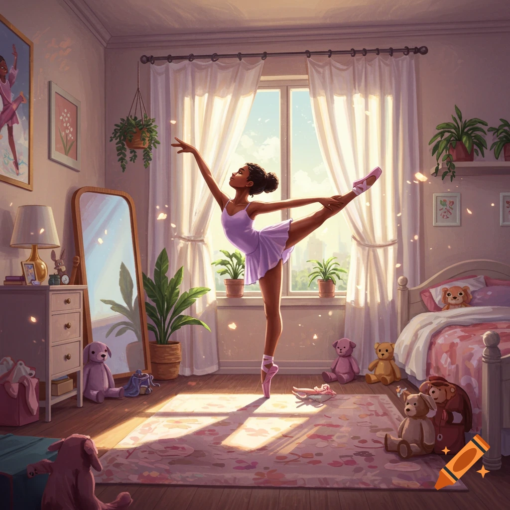 A young girl with dark skin practices ballet in a dance pose in her sunlit bedroom, surrounded by plants and stuffed animals, in a detailed illustration.