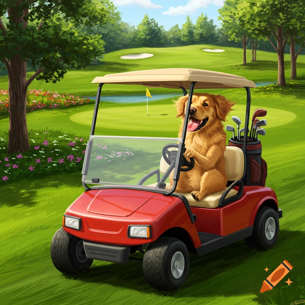 A happy golden retriever illustration driving a red golf cart on a green golf course with trees and a flag.