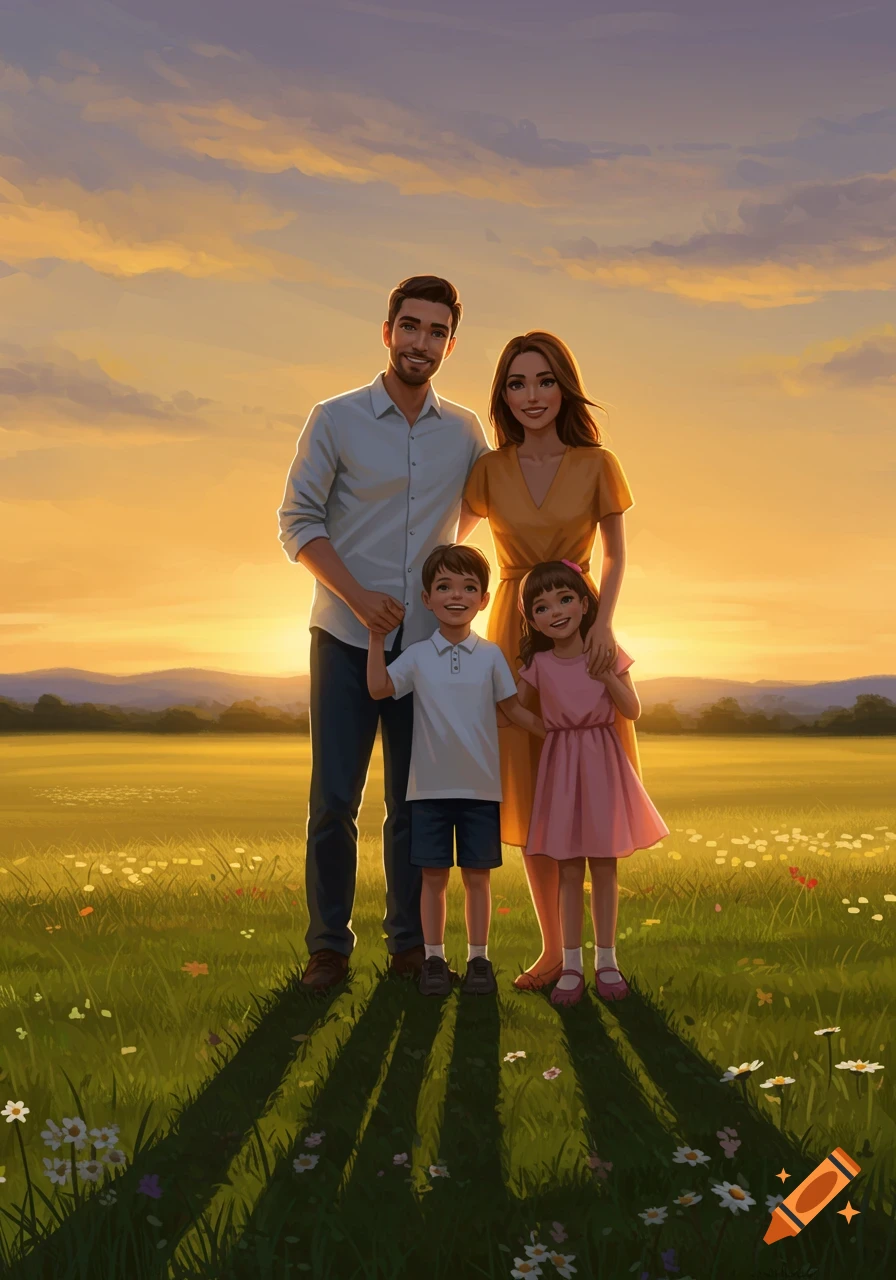An illustrated family portrait of a smiling father, mother, son, and daughter standing in a golden field at sunset.