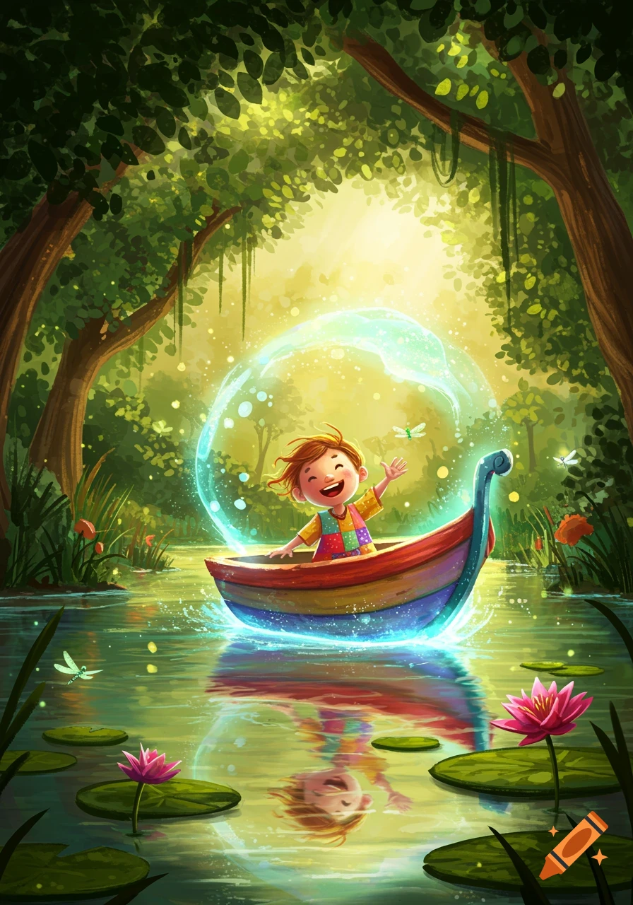 Happy child in a magical glowing boat floats on a pond in a lush, sunlit fantasy forest, digital illustration.