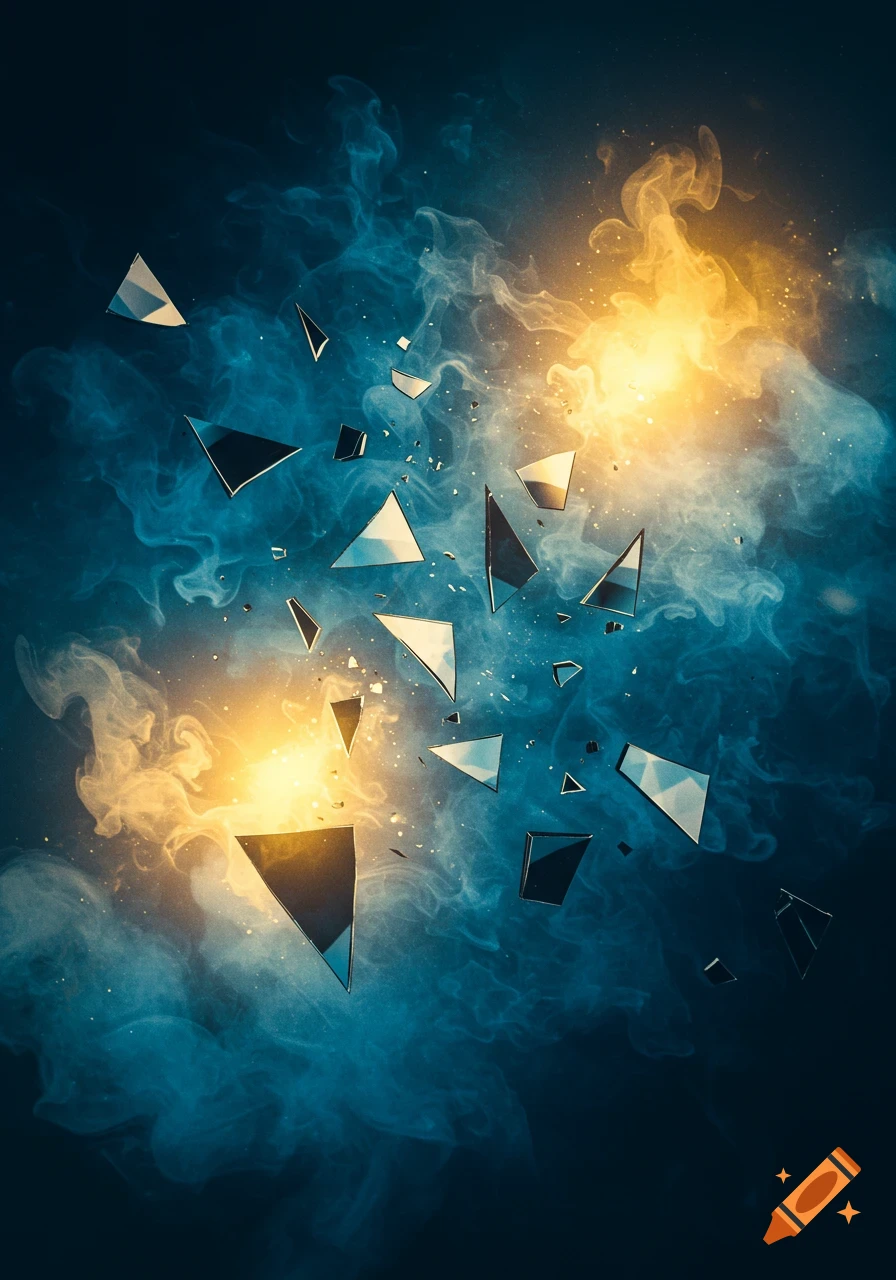 Abstract image of mirror shards shattering amidst blue smoke and bright orange light bursts on a dark background.
