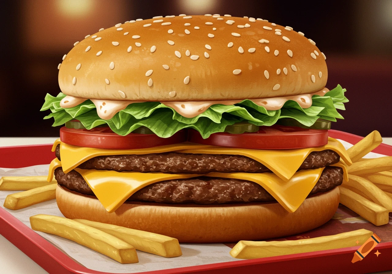 A vibrant, stylized double cheeseburger with lettuce, tomato, pickles, and sauce, served with french fries on a red tray.
