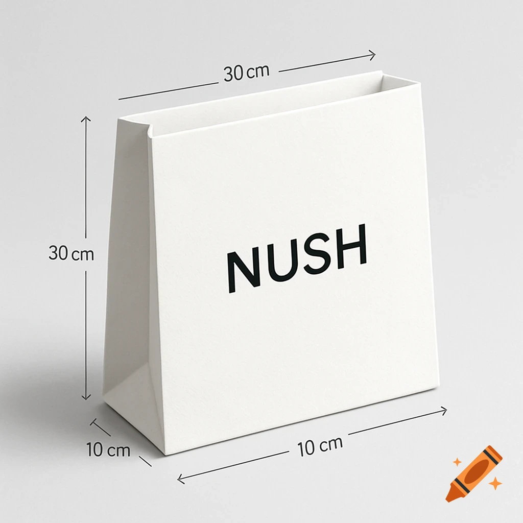 A white paper bag with 'NUSH' logo and dimensions 30x30x10 cm, viewed from an angle.