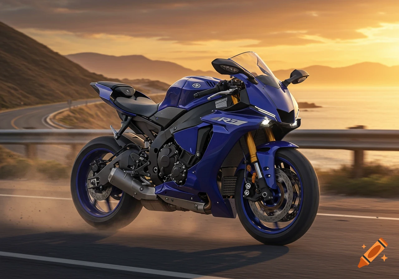 A blue Yamaha R7 sport motorcycle on a winding coastal road at sunset, with mountains and ocean in the background.