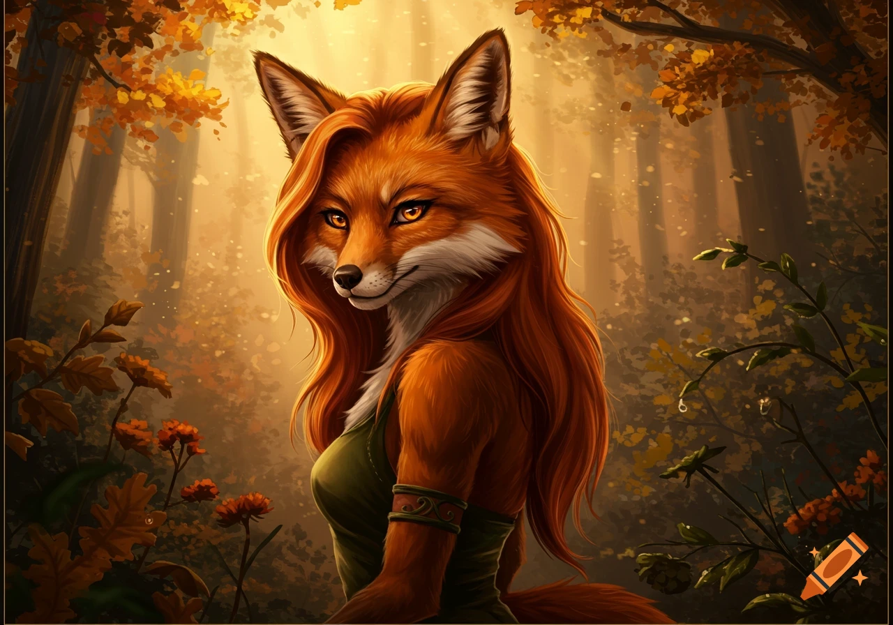 Humanoid fox with long red hair and amber eyes, wearing a green top, stands in a mystical, sunlit autumn forest.