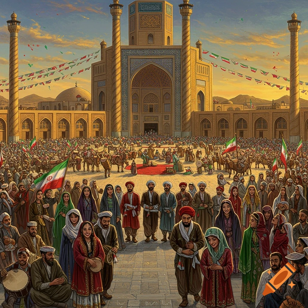 A massive, diverse crowd in traditional clothing celebrates in front of an ornate mosque-like building at sunset, holding Iranian flags.